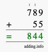 Calculate 789 + 55 using long addition