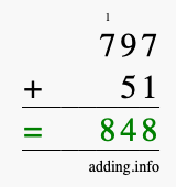 Calculate 797 + 51 using long addition