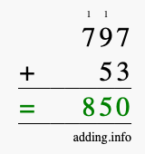 Calculate 797 + 53 using long addition