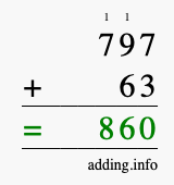 Calculate 797 + 63 using long addition