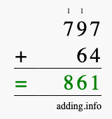 Calculate 797 + 64 using long addition