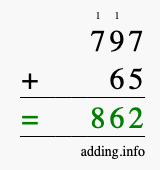 Calculate 797 + 65 using long addition