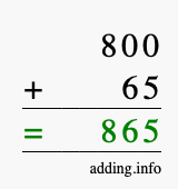Calculate 800 + 65 using long addition