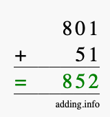 Calculate 801 + 51 using long addition