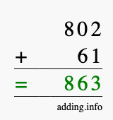 Calculate 802 + 61 using long addition