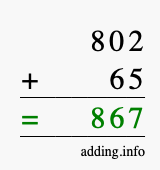 Calculate 802 + 65 using long addition