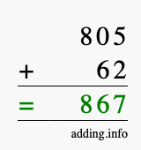 Calculate 805 + 62 using long addition