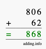 Calculate 806 + 62 using long addition