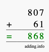 Calculate 807 + 61 using long addition
