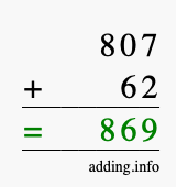 Calculate 807 + 62 using long addition