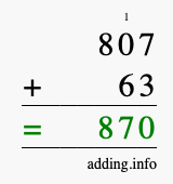 Calculate 807 + 63 using long addition