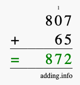 Calculate 807 + 65 using long addition