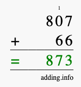 Calculate 807 + 66 using long addition