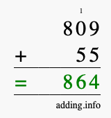 Calculate 809 + 55 using long addition