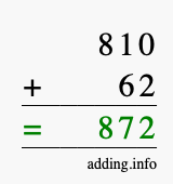 Calculate 810 + 62 using long addition