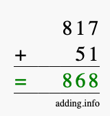Calculate 817 + 51 using long addition