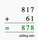 Calculate 817 + 61 using long addition