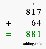 Calculate 817 + 64 using long addition