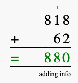 Calculate 818 + 62 using long addition