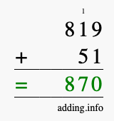 Calculate 819 + 51 using long addition
