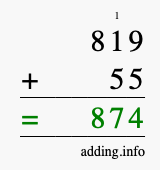 Calculate 819 + 55 using long addition