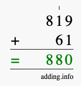 Calculate 819 + 61 using long addition