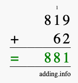 Calculate 819 + 62 using long addition