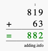 Calculate 819 + 63 using long addition