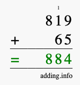 Calculate 819 + 65 using long addition
