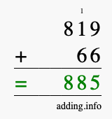 Calculate 819 + 66 using long addition
