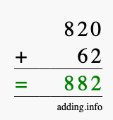 Calculate 820 + 62 using long addition