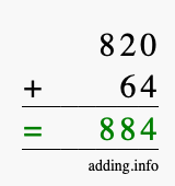 Calculate 820 + 64 using long addition