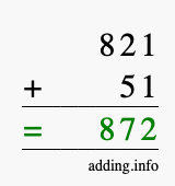 Calculate 821 + 51 using long addition