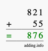 Calculate 821 + 55 using long addition