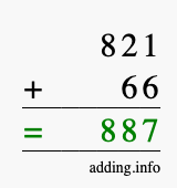 Calculate 821 + 66 using long addition