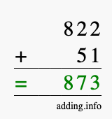 Calculate 822 + 51 using long addition