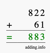 Calculate 822 + 61 using long addition