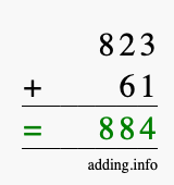 Calculate 823 + 61 using long addition