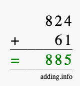 Calculate 824 + 61 using long addition