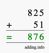 Calculate 825 + 51 using long addition