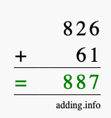 Calculate 826 + 61 using long addition