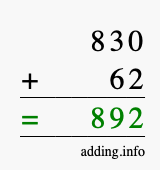 Calculate 830 + 62 using long addition