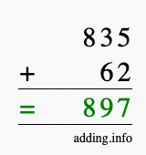 Calculate 835 + 62 using long addition