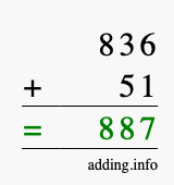 Calculate 836 + 51 using long addition