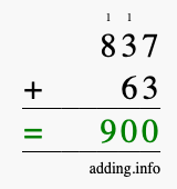 Calculate 837 + 63 using long addition