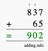 Calculate 837 + 65 using long addition
