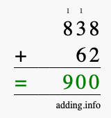 Calculate 838 + 62 using long addition