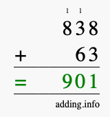 Calculate 838 + 63 using long addition