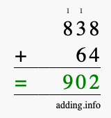 Calculate 838 + 64 using long addition