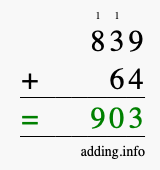 Calculate 839 + 64 using long addition